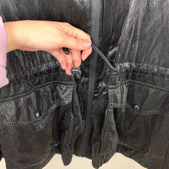 Zara black shiny parka raincoat zip up hood large - Picture 4 of 9
